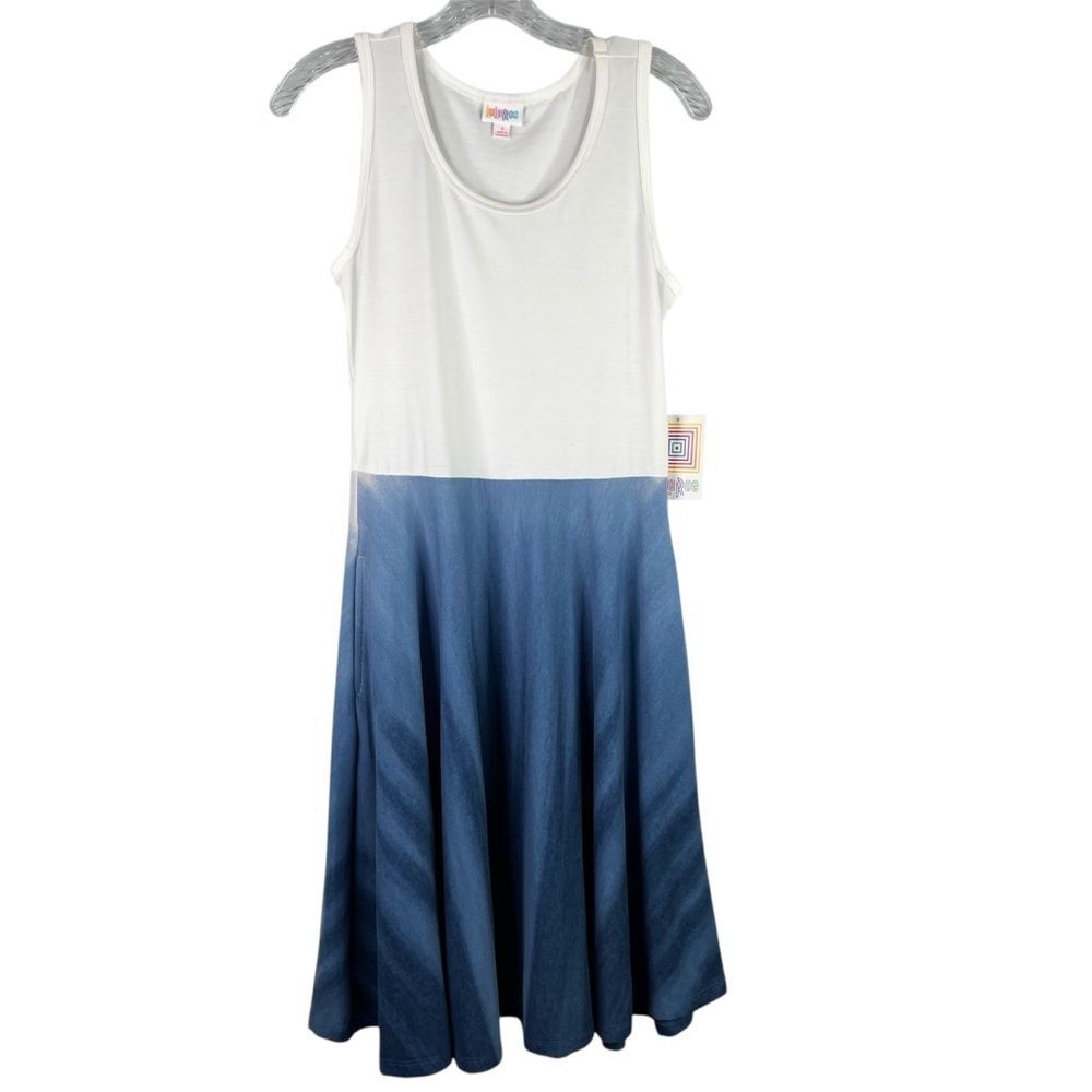LuLaRoe Nicki Dress Women's S White Blue Ombre Sleeveless Swing A Line Scoop